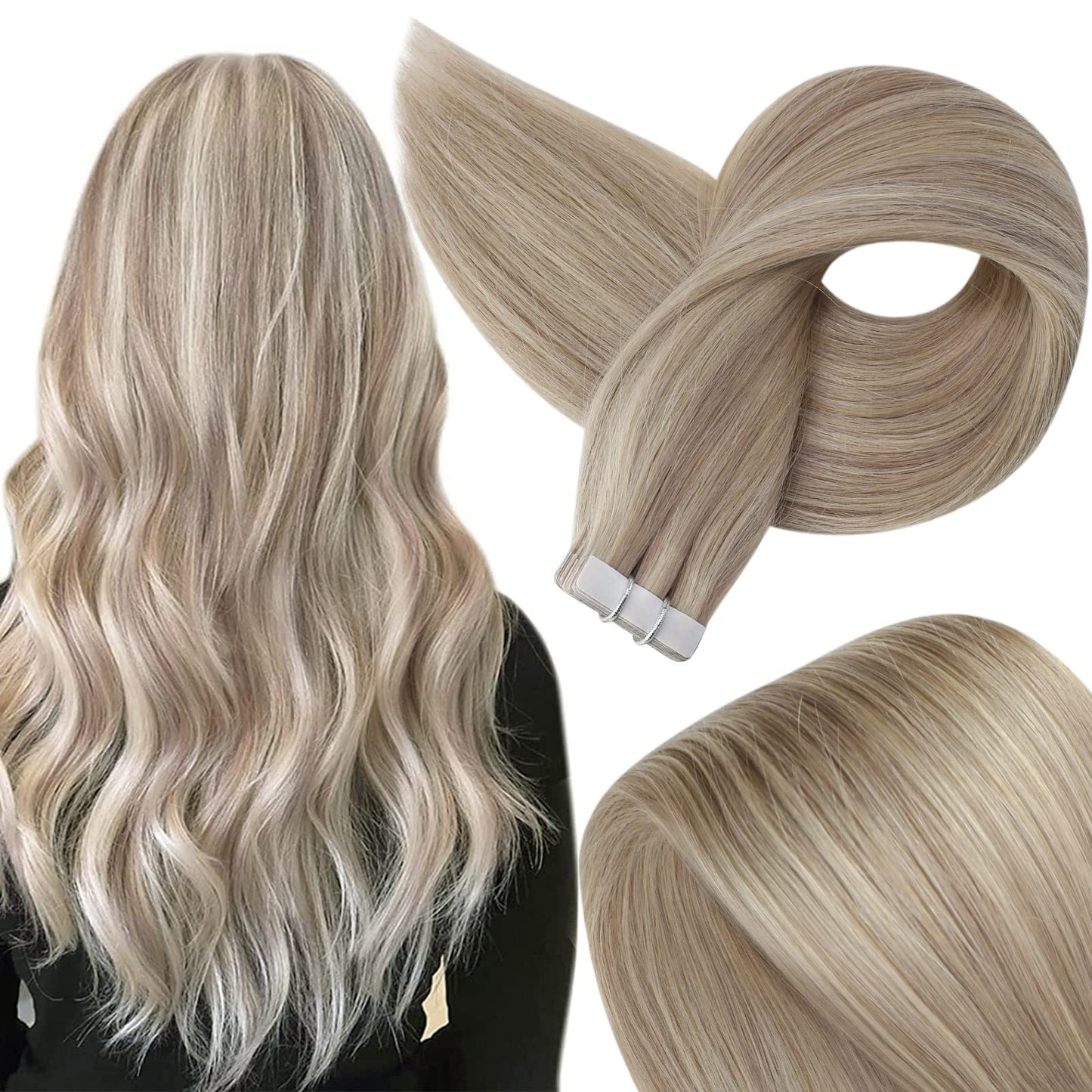 Full Shine Tape in Hair Extensions Human Hair 20 Inch Remy Human Hair Tape in Extensions Highlighted Color 18 Ash Blonde and 22 Light Blonde Hair Extensions Tape in 20 Pieces 50Gram Adhesive Tape Hair