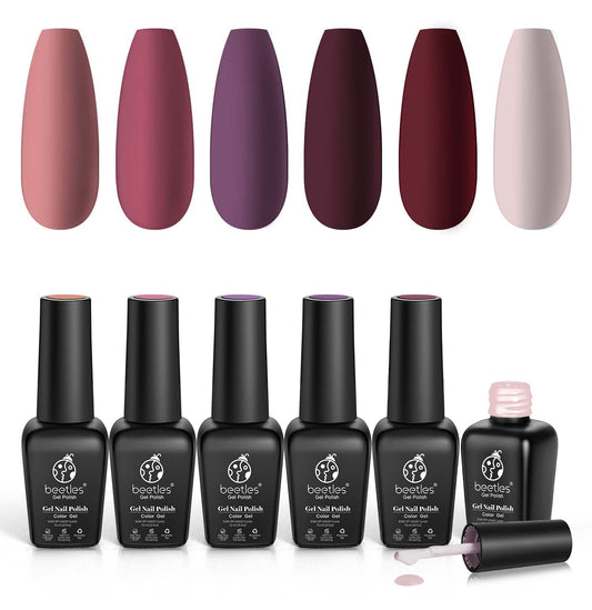 Beetles Red Gel Nail Polish Set - Peach Pink Skin Tone Gel Polish Kit Burgundy Red Nail Gel Polish Soak Off Nail Uv Lamp Gel Nail Kit Nail Art Design Gifts for Women